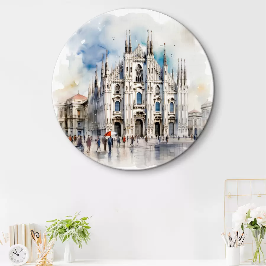  Schilderijen Duomo kathedraal in Milaan, architectuur, stad, regen, aquarel, blauw, grijs, mensen lopen r38938