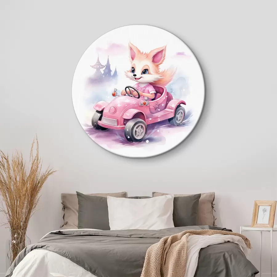  Schilderijen Kleine vos rijdt in een roze auto kinder aquarel illustratie r38943