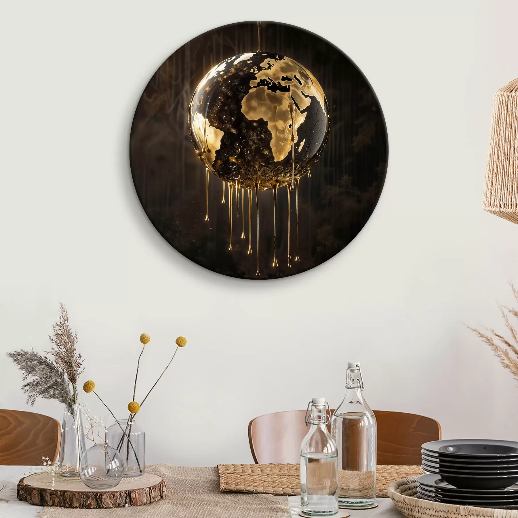  Schilderijen Een gloeiende wereldbol met de aarde omgeven door druppende vloeistof tegen een donkere achtergrond r38983