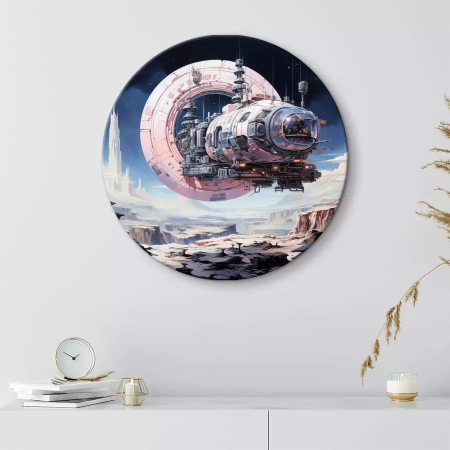  Schilderijen Een ruimteschip in cyberpunkstijl vliegt in de ruimte over een asteroïde en een planeet, blauw, beige, roze, witte kleur r39115