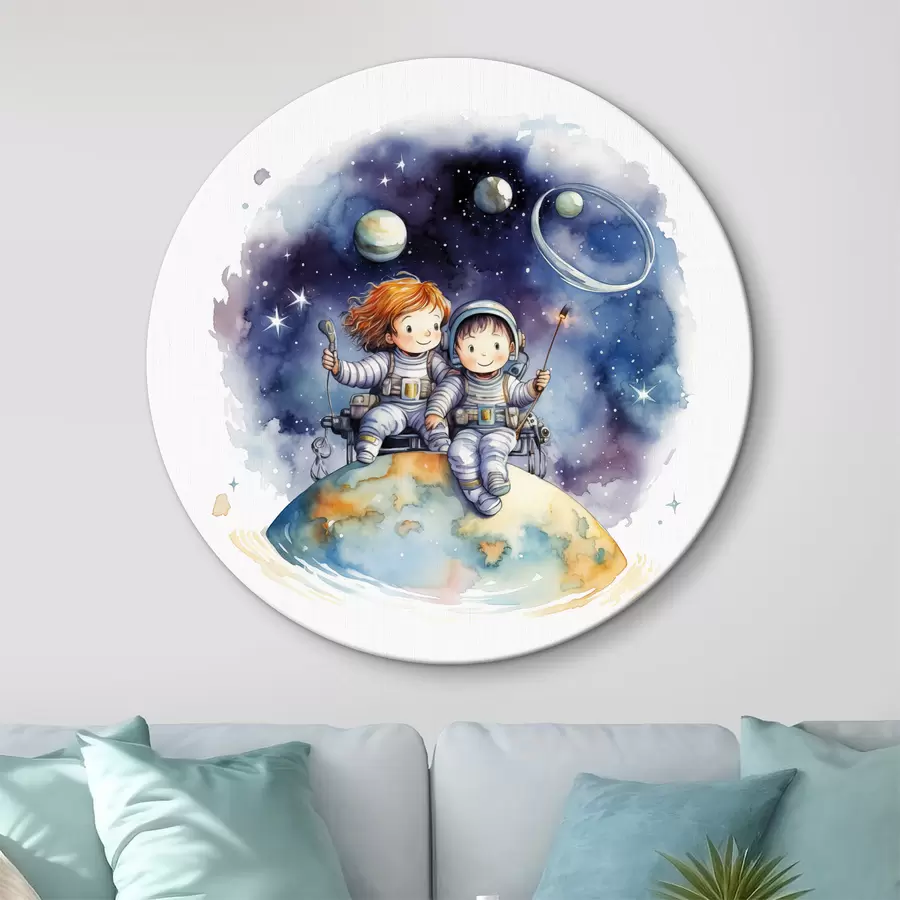  Schilderijen Kinderen in ruimtepakken zitten op een planeet in de ruimte kinder aquarel illustratie r39117