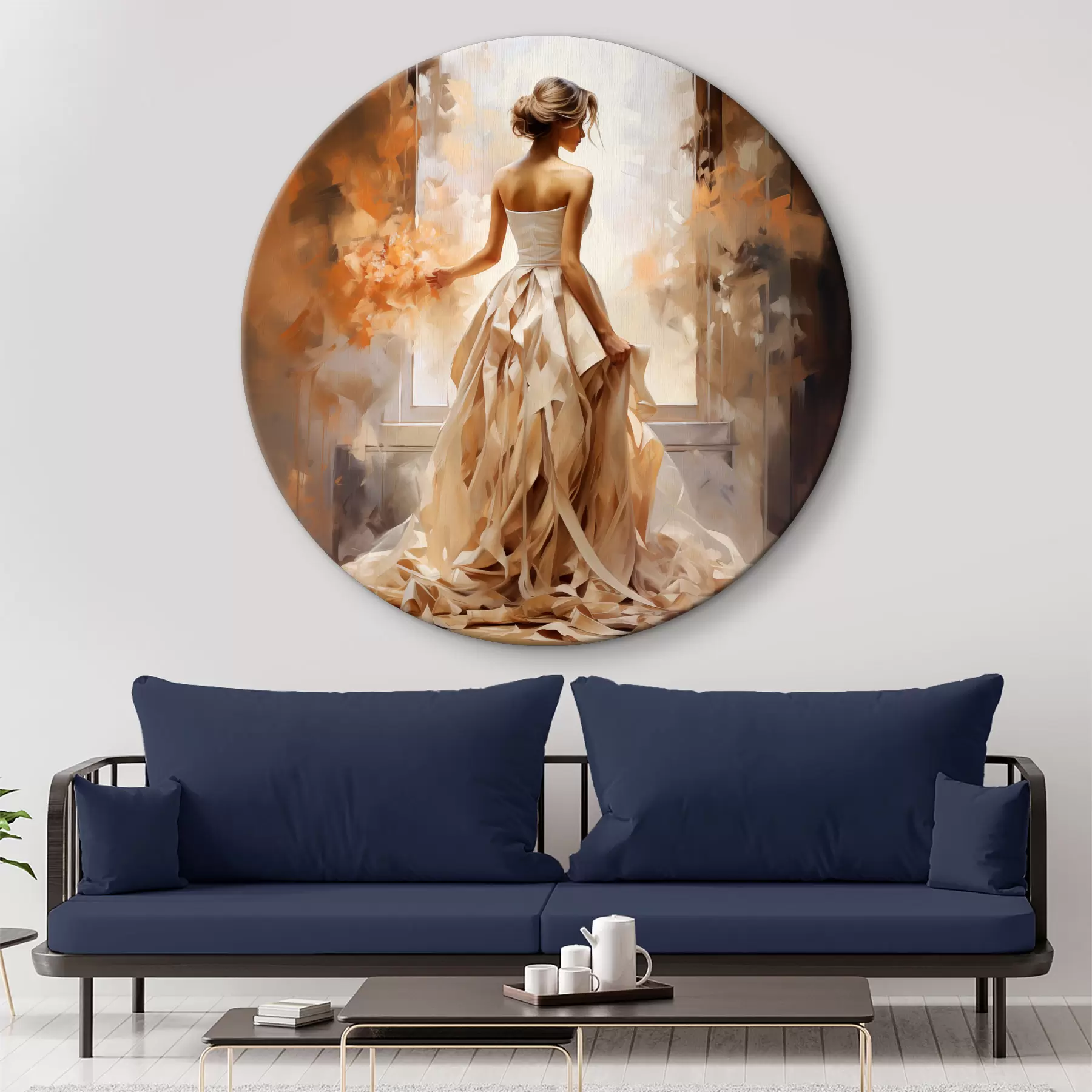  Schilderijen Een meisje in een witte lange trouwjurk staat bij het raam tussen het vuur en schildert met de hand gemaakt r39125