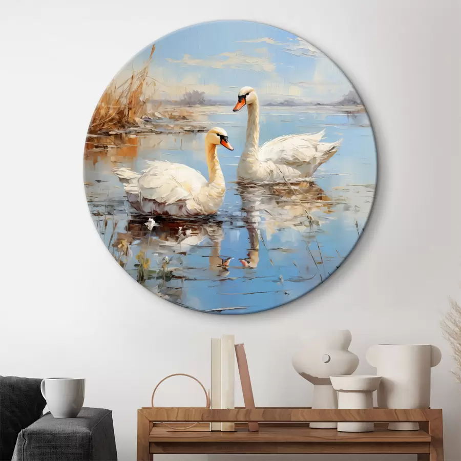  Schilderijen Witte ganzen zwemmen langs de rivier tussen het riet, blauw, wit, beige van kleur r39130