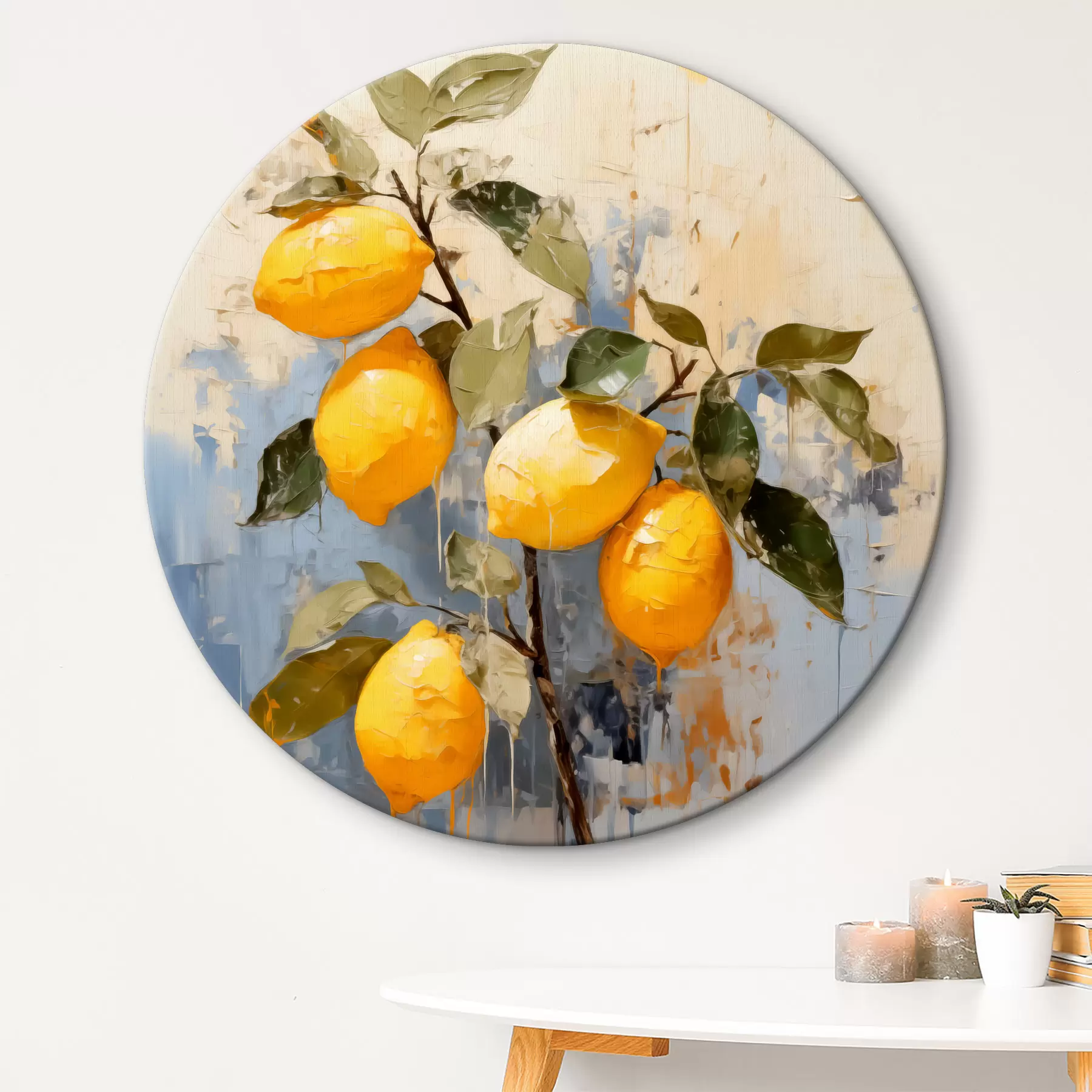  Peintures Branche avec des citrons mûrs peinture à l'huile art abstrait, couleur jaune, bleue et verte r39186