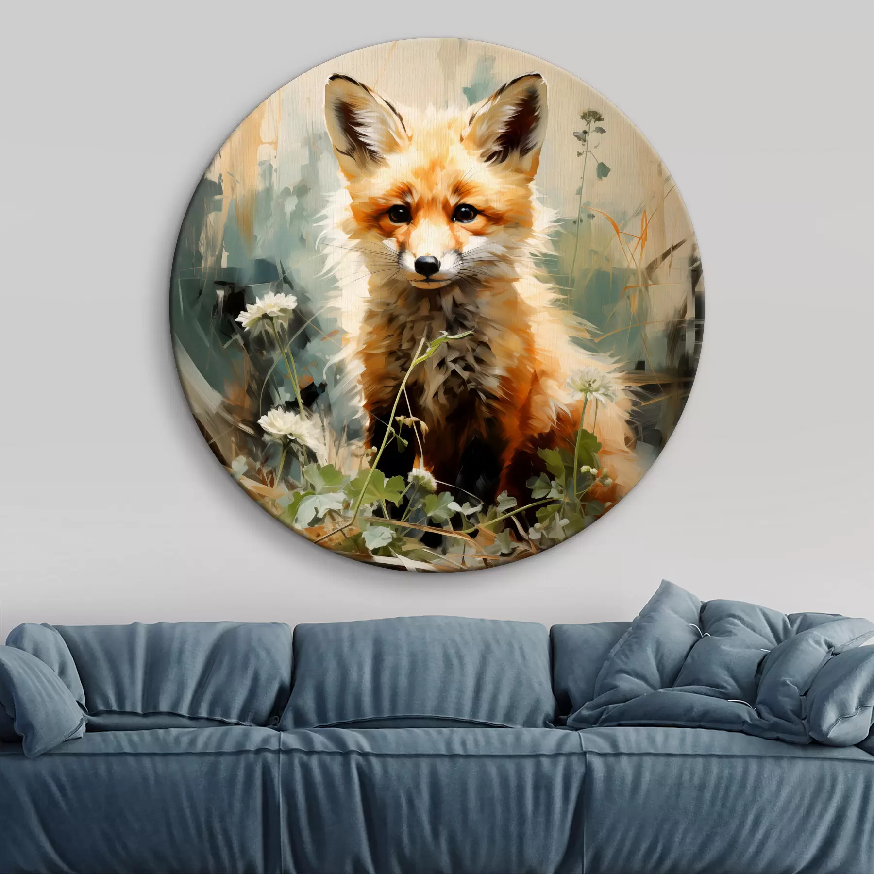  Schilderijen Rode vos zittend in droog gras op een groen olieverfschilderij als achtergrond r39191