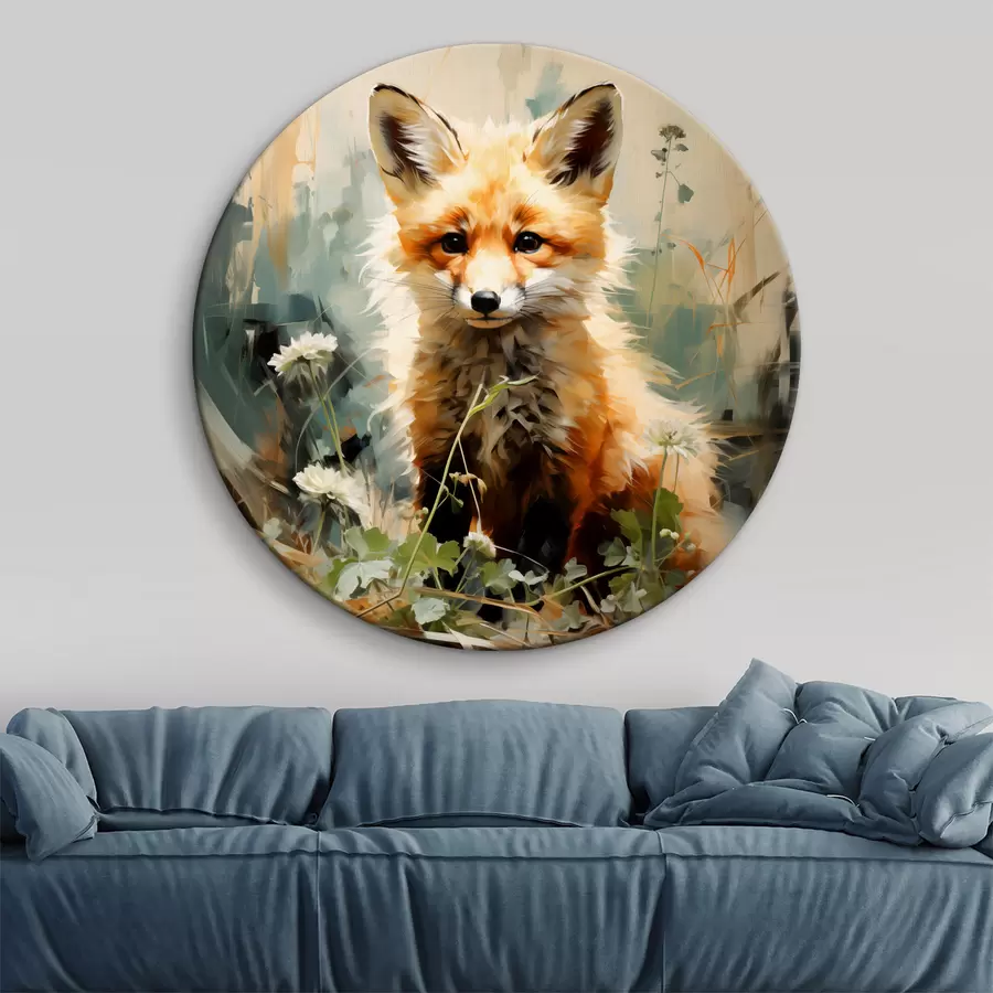  Schilderijen Rode vos zittend in droog gras op een groen olieverfschilderij als achtergrond r39191