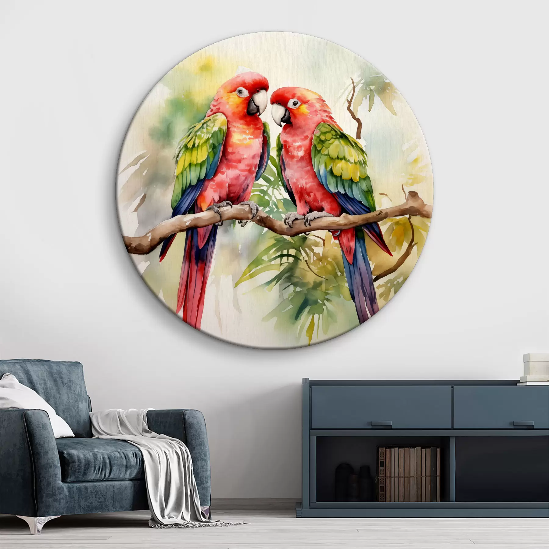  Peintures Deux perroquets aras brillants assis sur une aquarelle de branche r39333