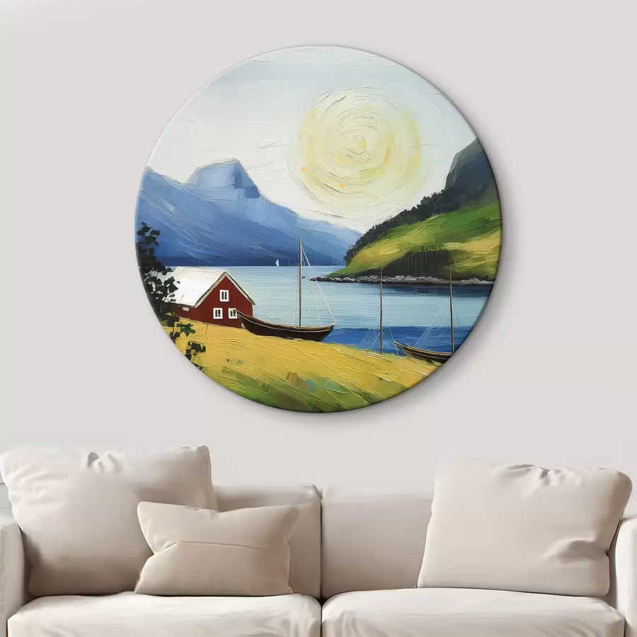  Schilderijen Noordse zomer, huisje aan de zeekust, zon in de blauwe lucht, bergen r39423