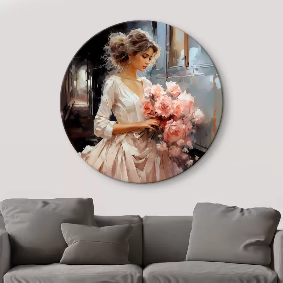  Peintures Une fille en robe blanche à la gare tient un bouquet de roses roses dans ses mains peinture à l'huile r39438