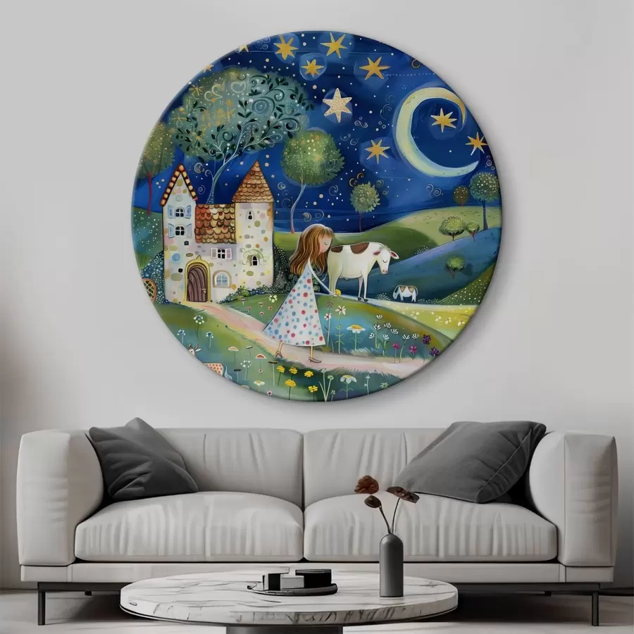  Schilderijen Een kleine prinses, hond, koe en fantasiehuis onder de sterren in een grillige naïeve kunststijl r39451