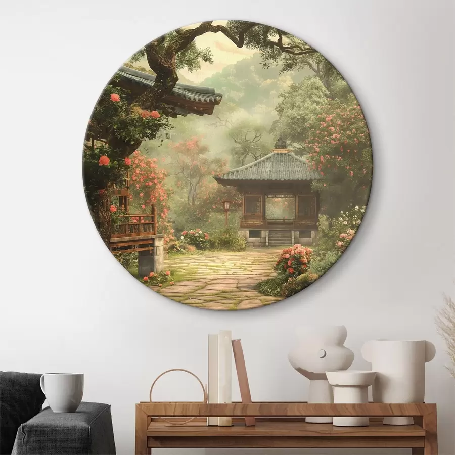  Peintures Parc japonais avec arbres et fleurs en fleurs, forêt, maison en bois r39773