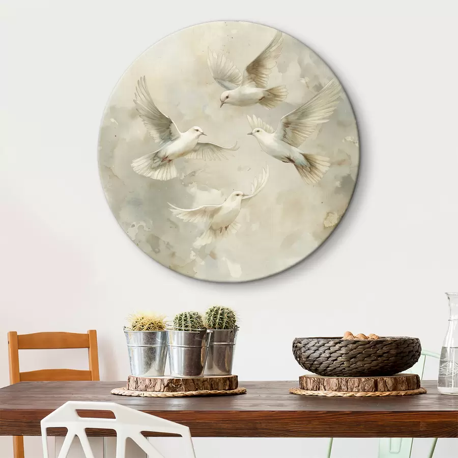  Schilderijen Aquarel vliegende vogels, zachte beige en witte kleuren, duiven r39976