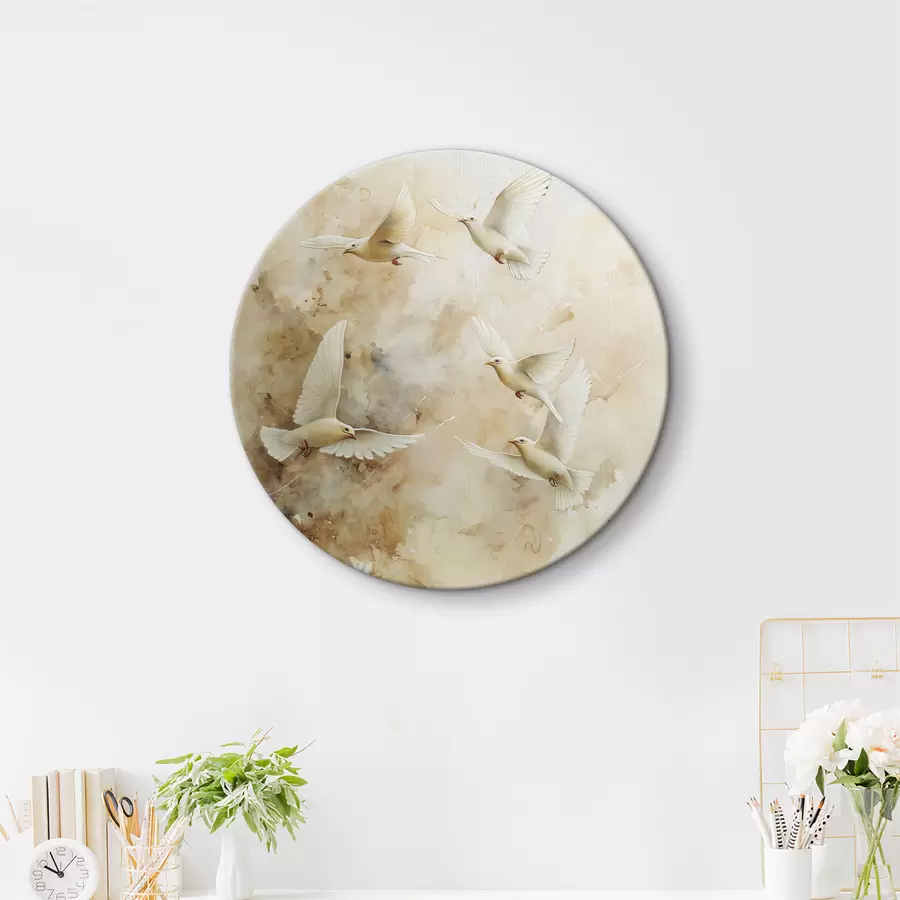  Schilderijen Aquarel vliegende duiven, zachte beige en witte kleuren r39977