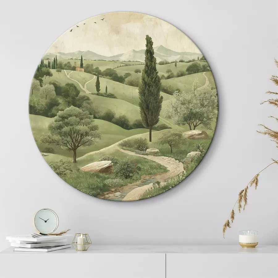  Schilderijen Toscaans landschap, vintage stijl, pastelgroene kleuren, heuvels en bomen r40075