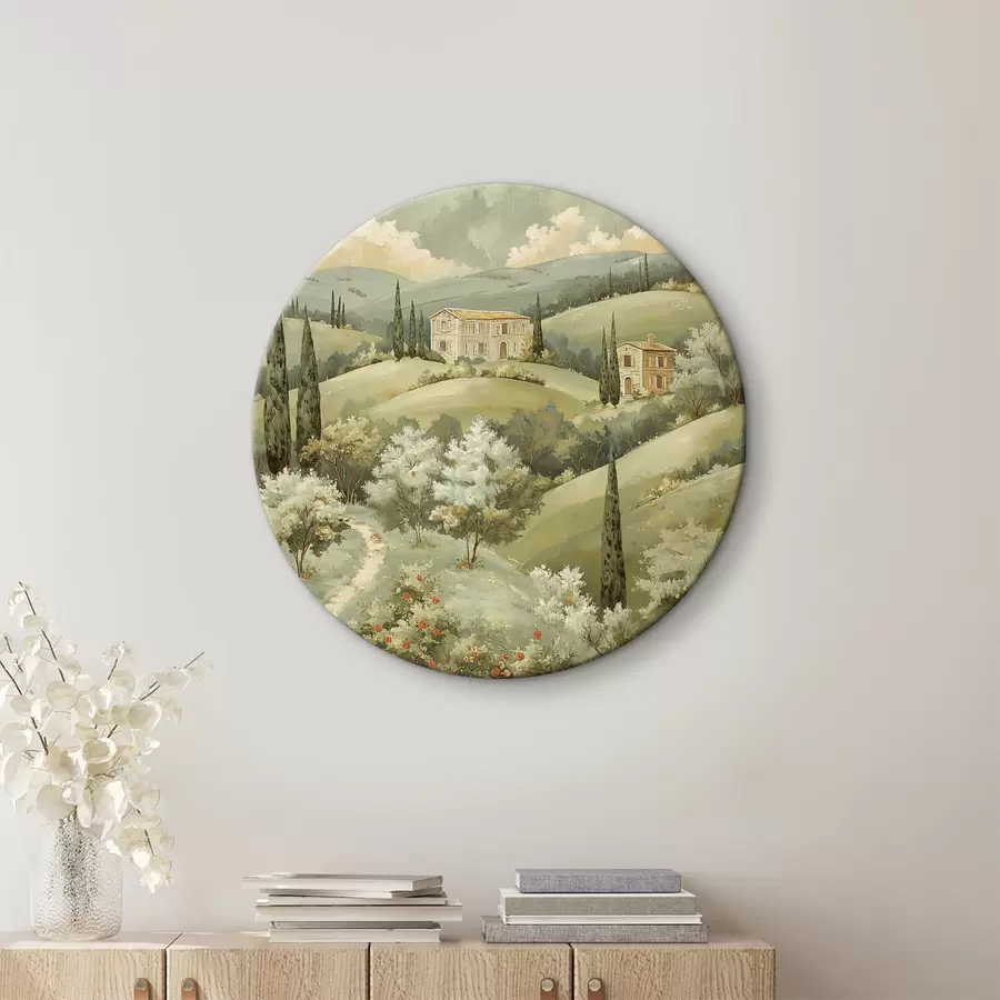  Schilderijen Landschap met vintage huizen, pastelgroene kleuren, acryltekening, zomer r40078