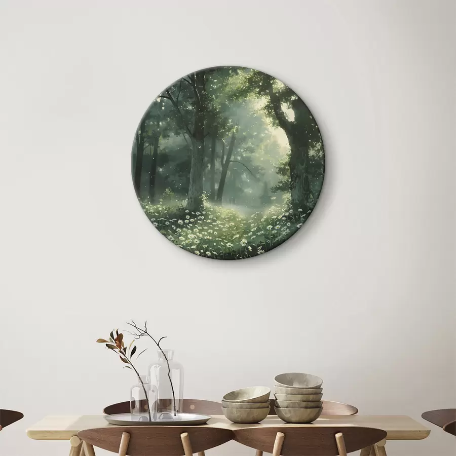  Schilderijen Dicht bos met zonlicht in de bomen, kamillebloemen, groen gras, natuur r40224