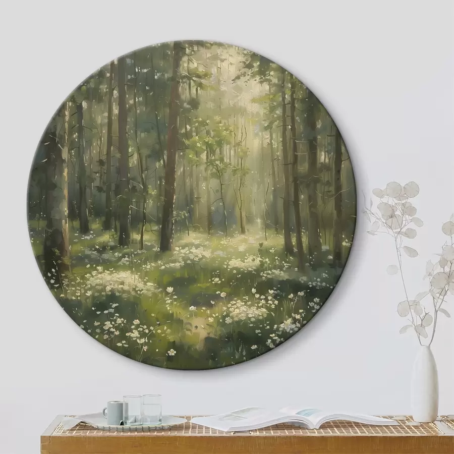  Schilderijen Bos met zonlicht in de bomen, kamillebloemen, groen gras, acryltekening r40226