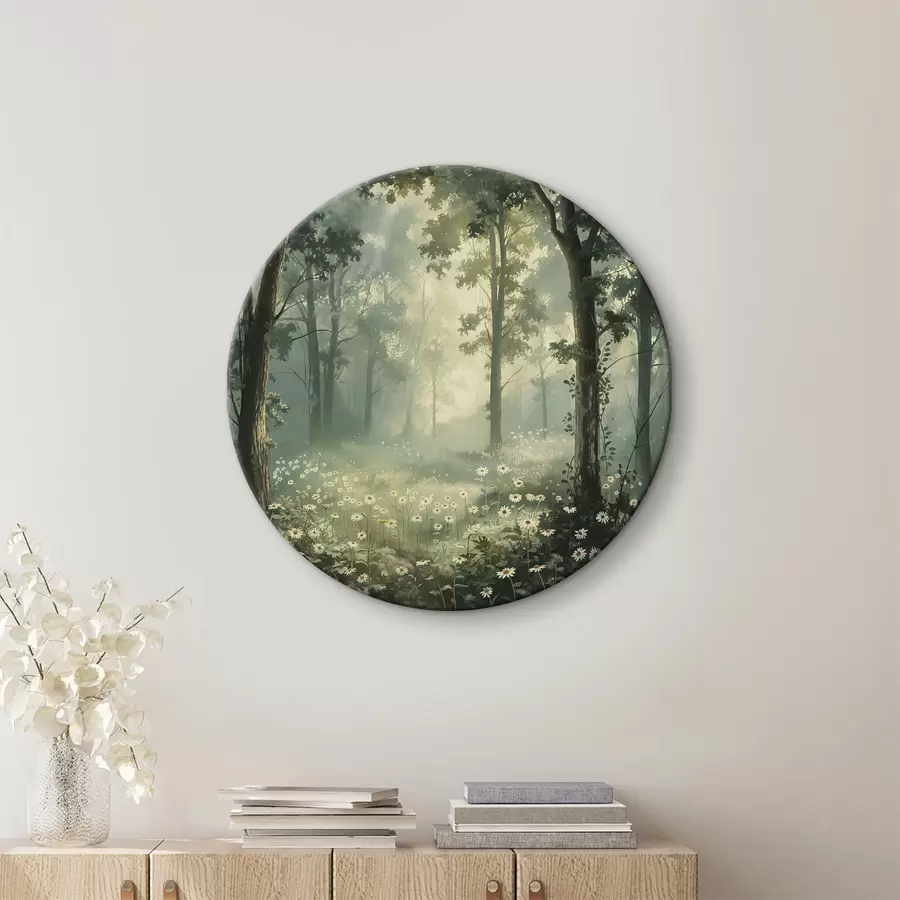  Schilderijen Bos met zacht zonlicht, kamillebloemen, bomen, groen gras, acryltekening r40228
