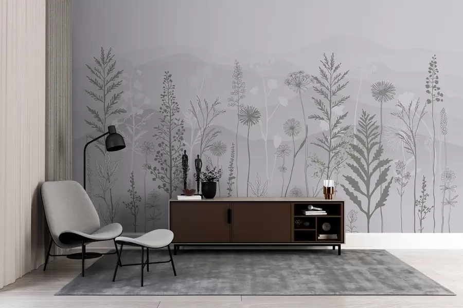 Papier peint photo papier peint de style écologique, fleurs sauvages dans les tons gris w02443