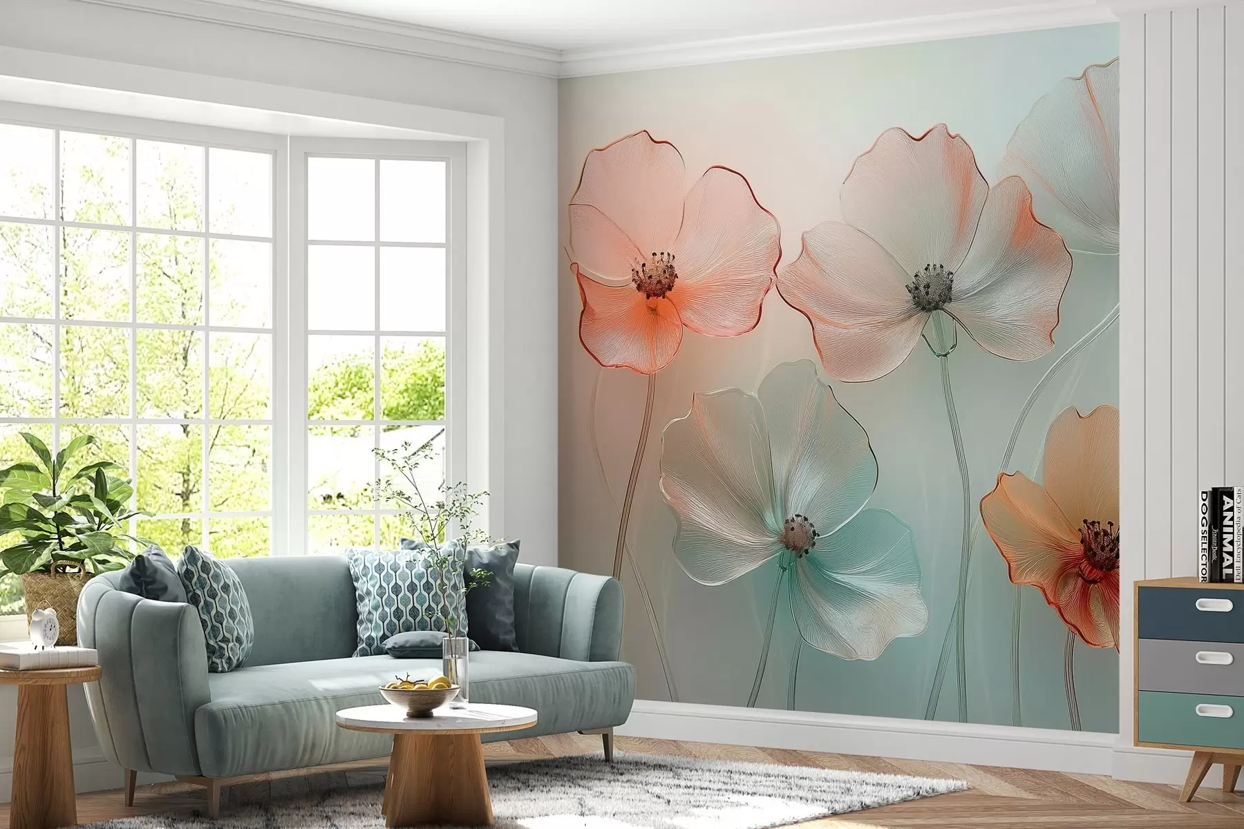 Fotobehang klaproos bloemen imitatie glas in delicate kleuren w02519