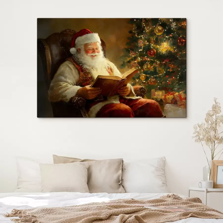  Peintures Le Père Noël lit un livre près de l'arbre de Noël s42100