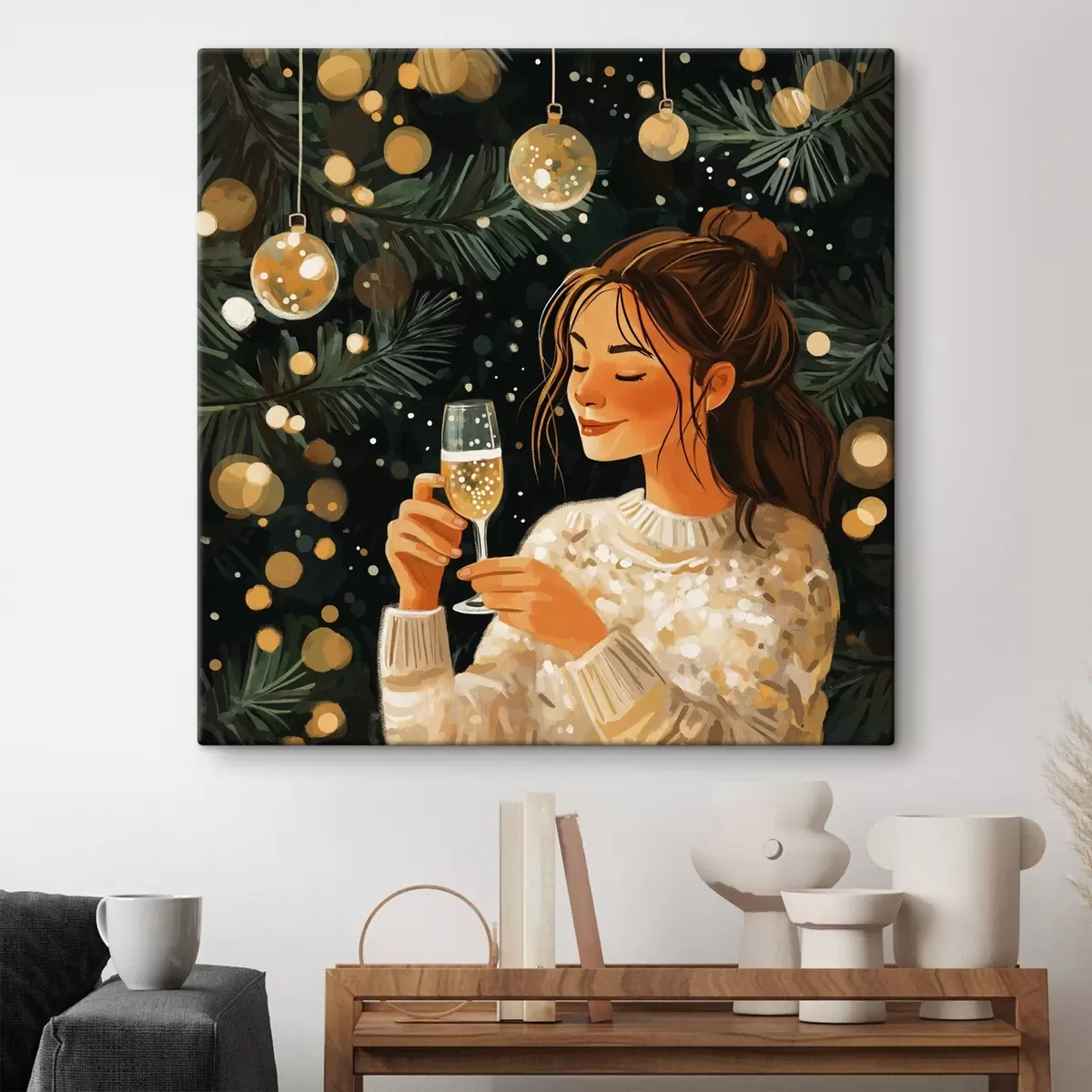  Schilderijen Een meisje met een glas champagne op oudejaarsavond s42102