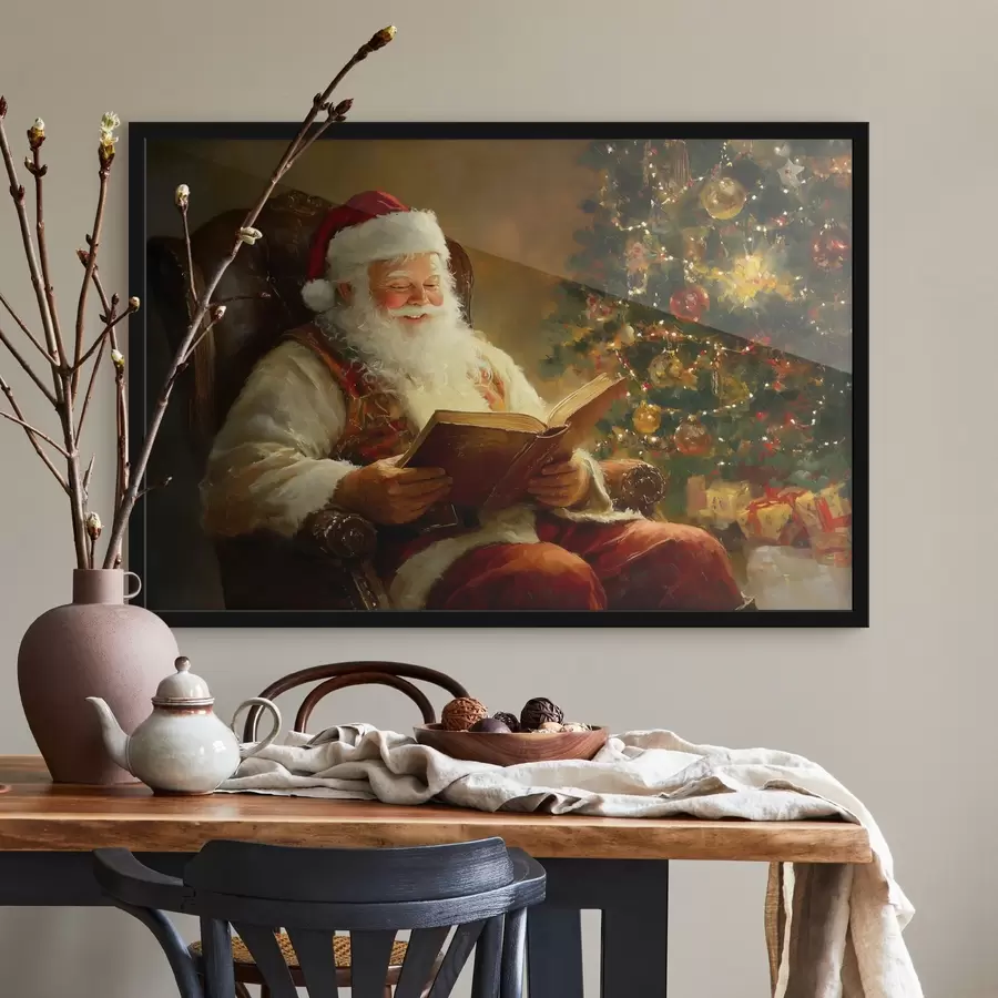 Fotobehang De Kerstman leest een boek bij de kerstboom f42100
