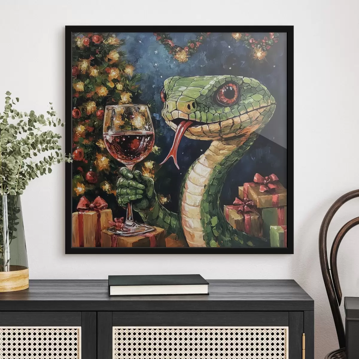 Poster Een slang met een glas wijn viert het nieuwe jaar f42106