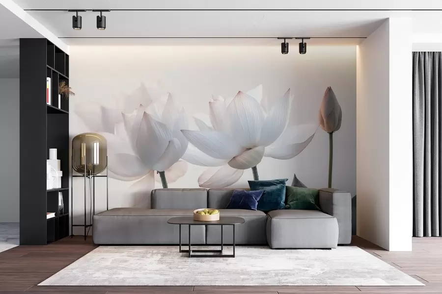 Fotobehang Zachte lotusbloemen met bloemblaadjes en bladeren w08488