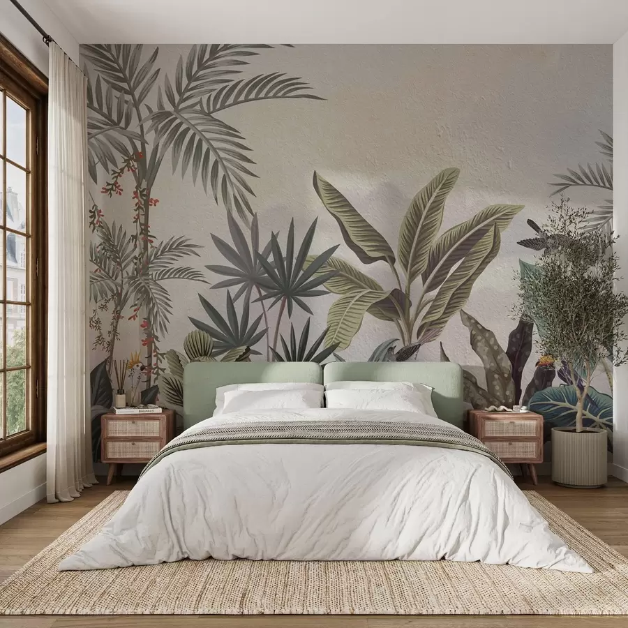 Fotobehang Tropische jungle met palmen en kleurrijke vogels w08496