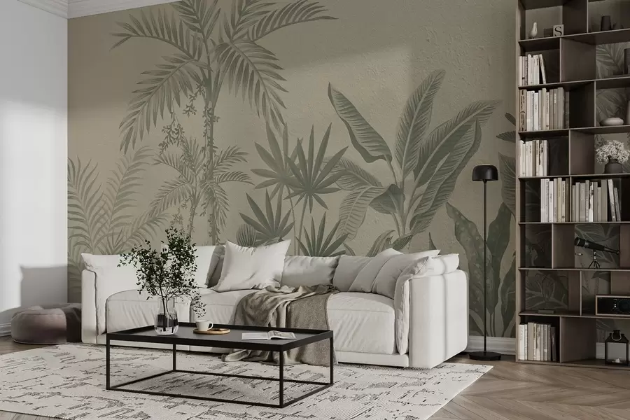 Fotobehang Tropische jungle met palmen en vogels in groene tinten w08496v2