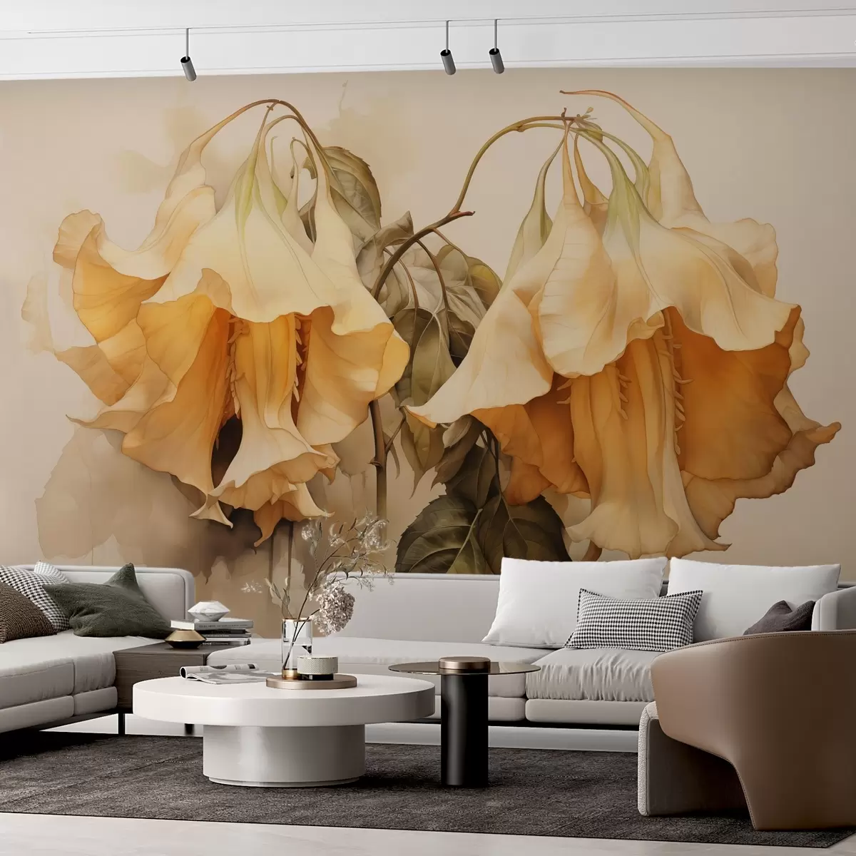 Fotobehang Geeloranje bloemen imitatie van aquarel w02467