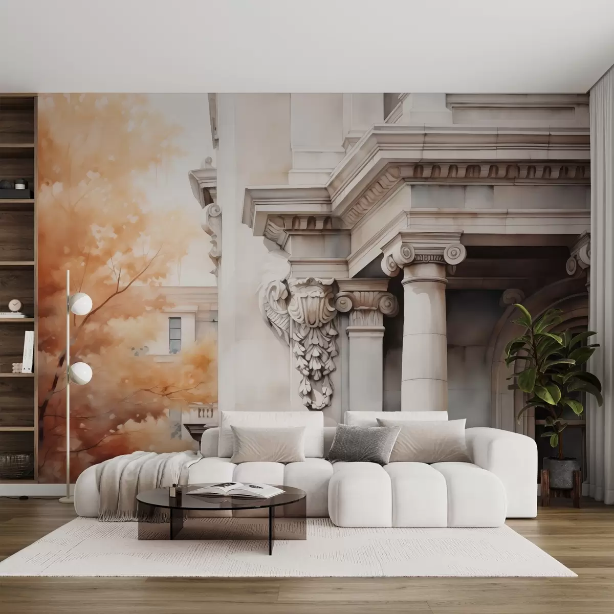 Fotobehang Deel van een huis met zuilen naast een boom imitatie van aquarel w02495