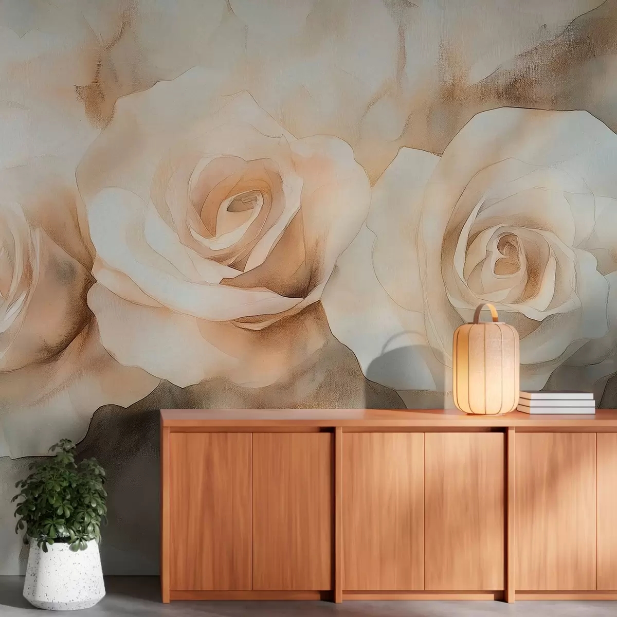 Fotobehang Prachtige rozen, aquarelstijl, beige kleuren, bohemien w02492