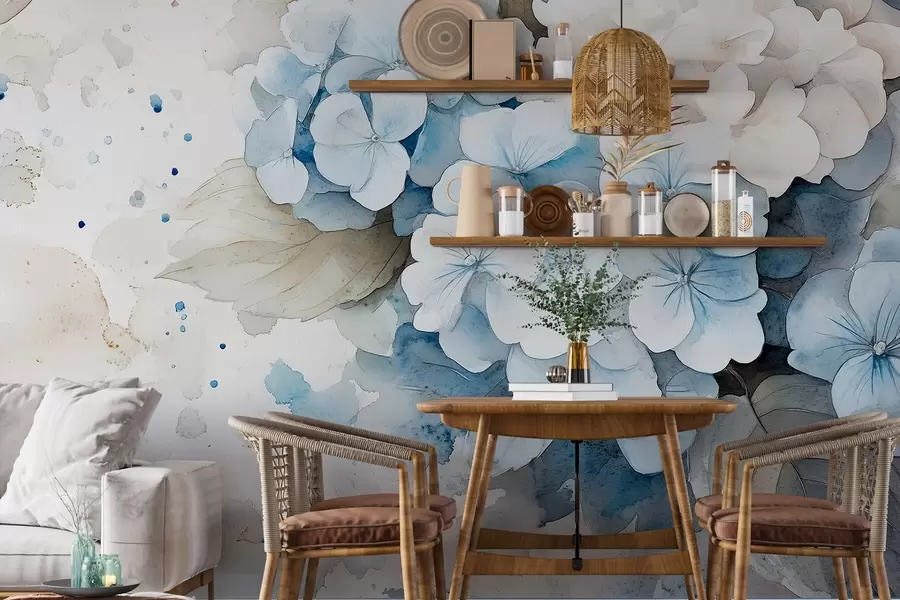 Fotobehang Aquarel stijl tekening van hortensia bloemen met bladeren, zachte natuurlijke kleuren w02493