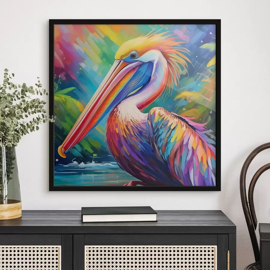 Fotobehang Levendige pelikaan in kleurrijke omgeving f39054