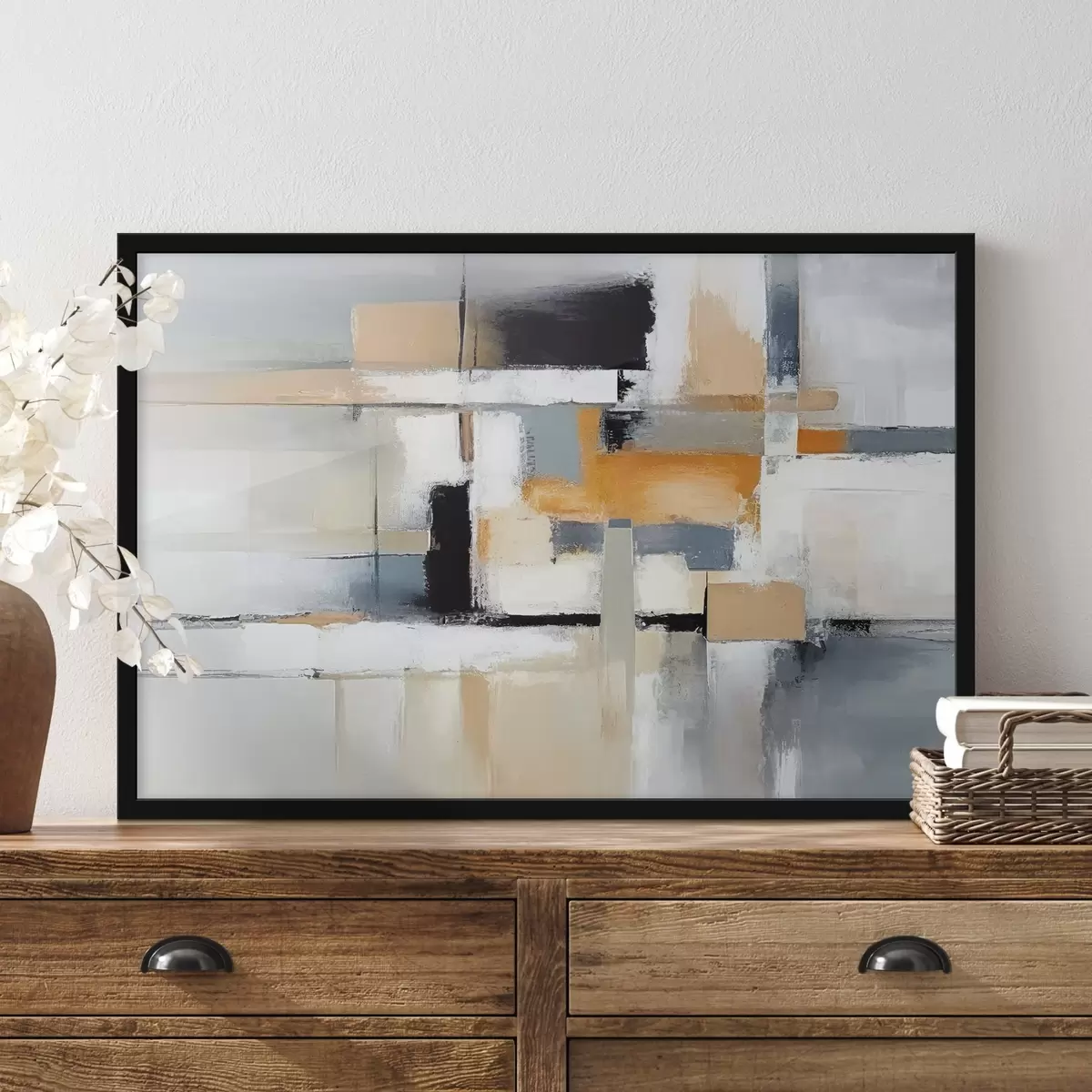 Poster Beige en grijs abstract met oranje en witte weefsels f36624