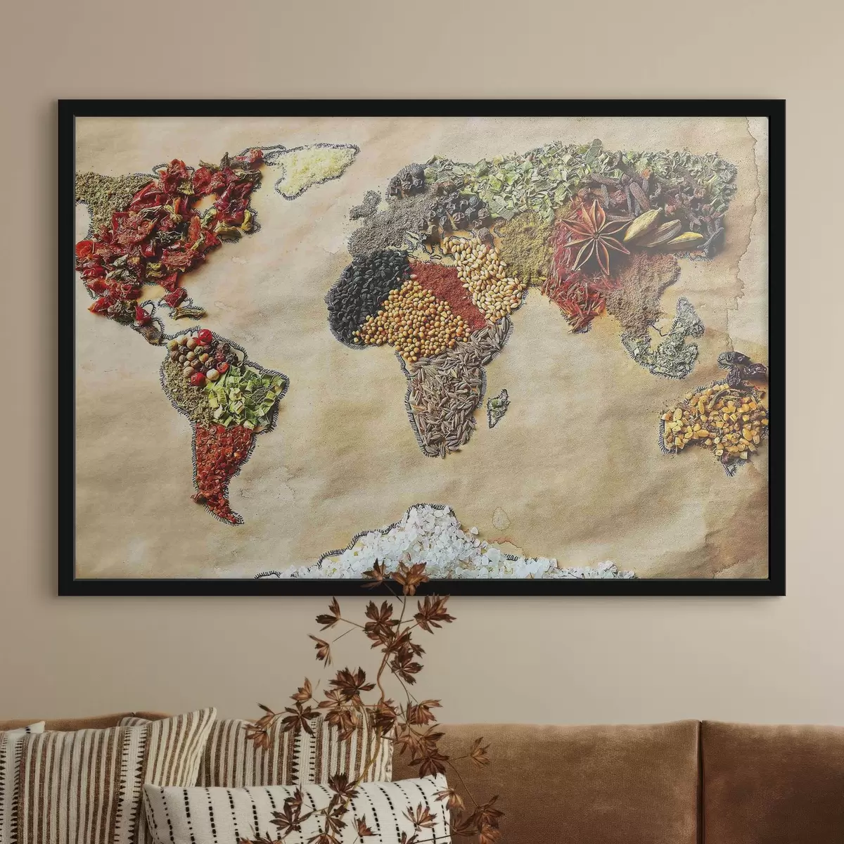Affiche Carte du monde composée de différentes épices f37486