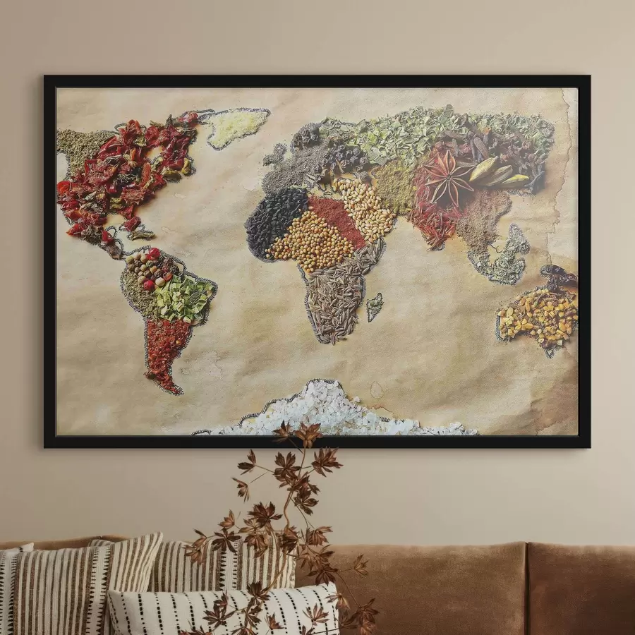 Fotobehang Kaart van de wereld samengesteld uit verschillende specerijen f37486