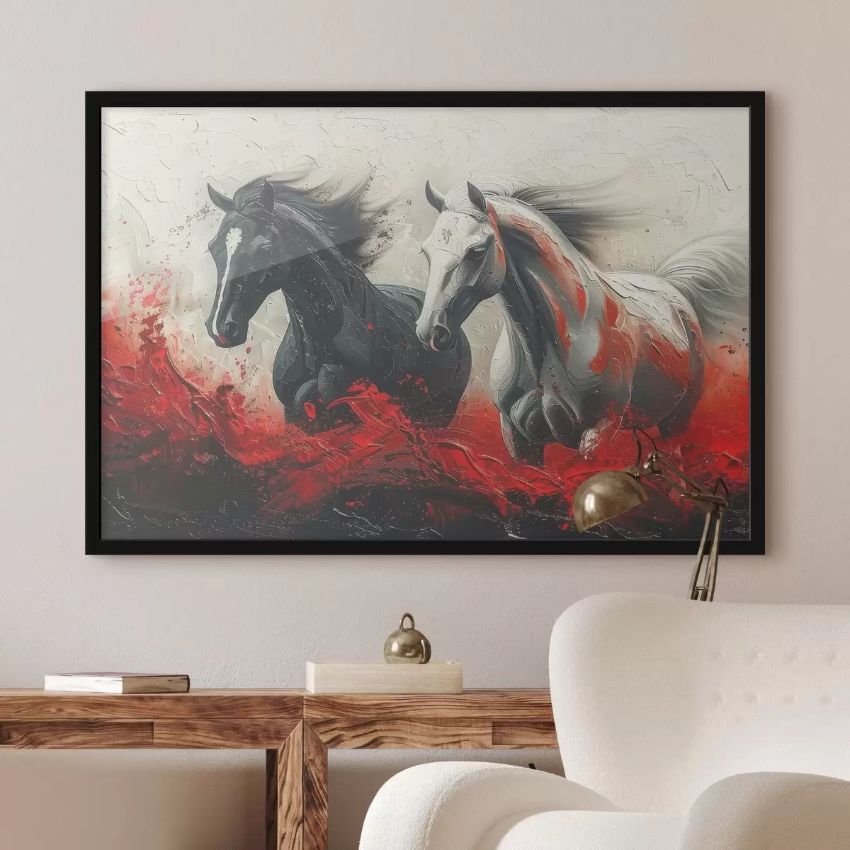Poster Afbeelding van rennende paarden met rode verf f37769