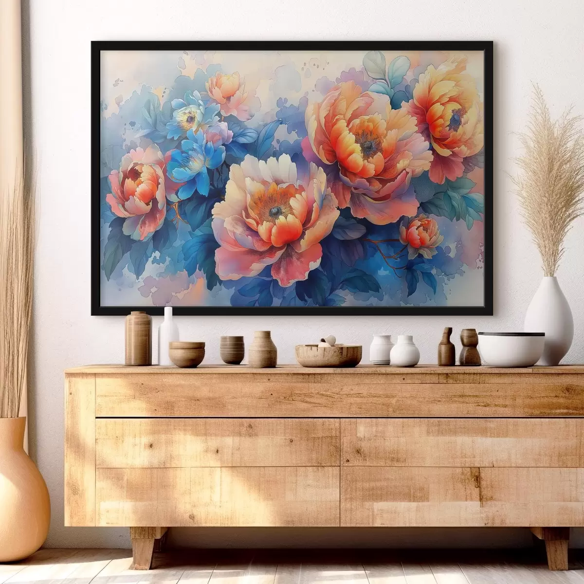 Poster Afbeelding van bloemen op blauwe achtergrond f38088