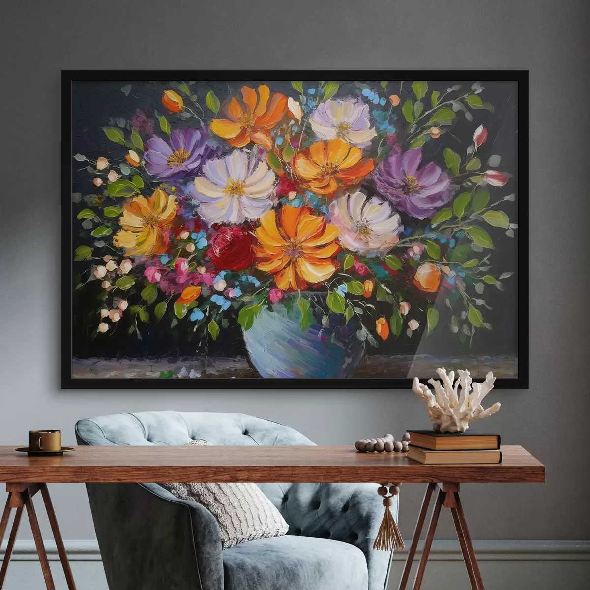Poster Schilderij van bloemen in een blauwe vaas f38658