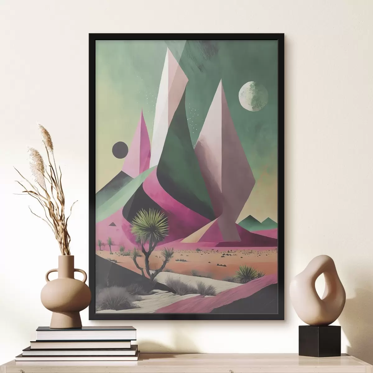 Poster Woestijnlandschap met bomen en bergen f37360