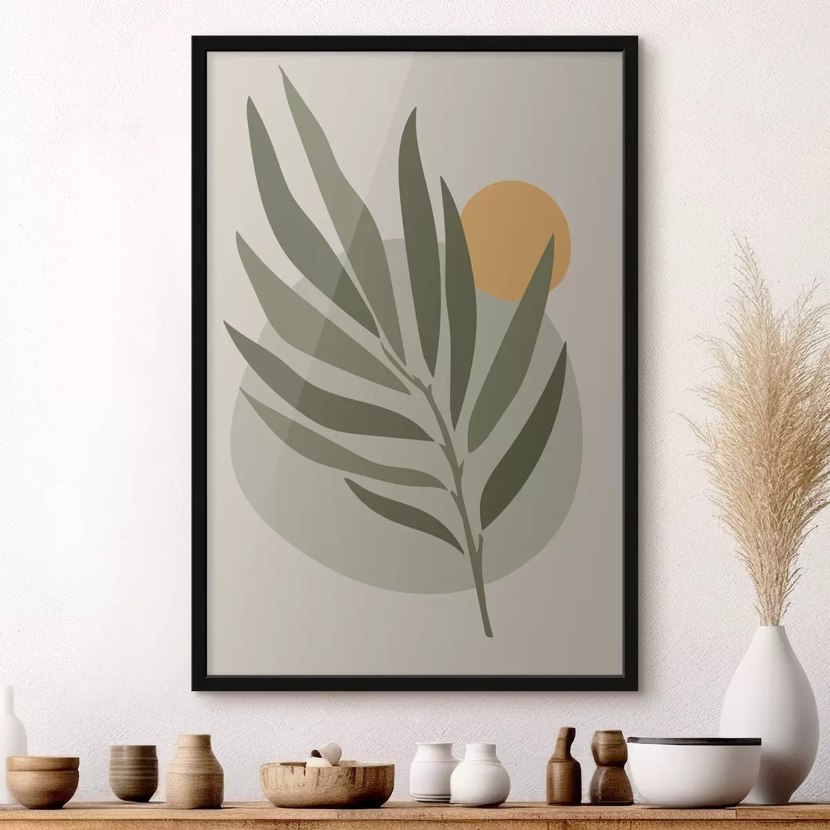 Poster Groen blad met gele cirkel f37442