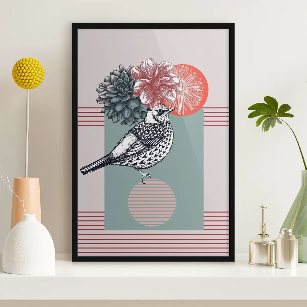 Affiche Un oiseau avec des fleurs sur la tête f38442