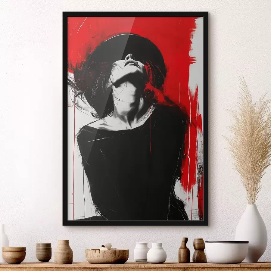  Peintures Femme avec un chapeau noir sur fond rouge f38561