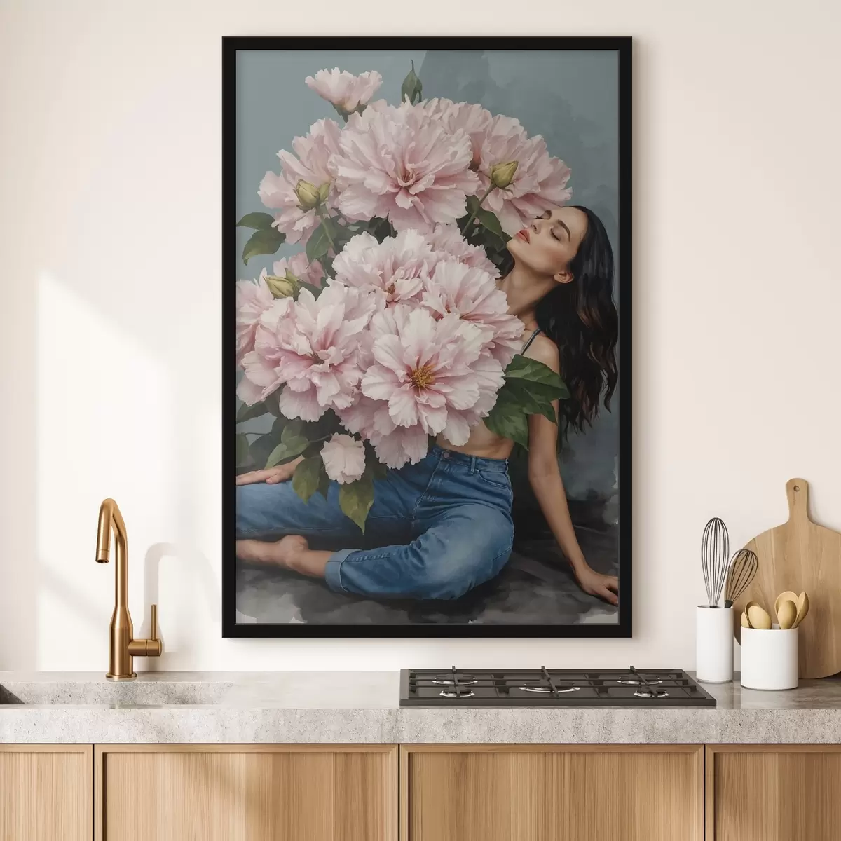 Affiche Femme assise sur le sol avec un grand bouquet de fleurs f38595