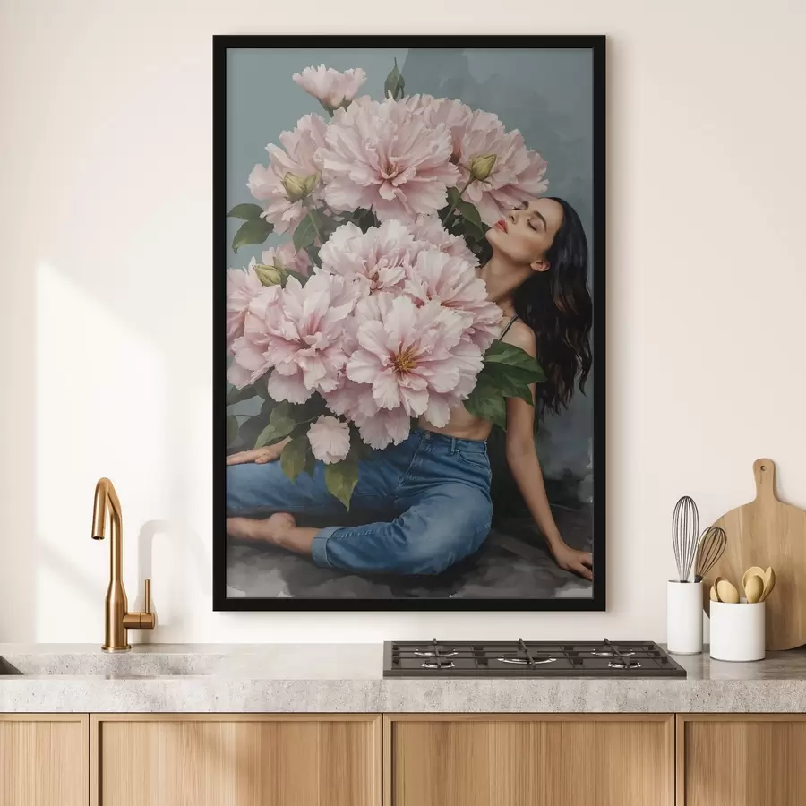 Fotobehang Vrouw zittend op de grond met een groot boeket bloemen f38595