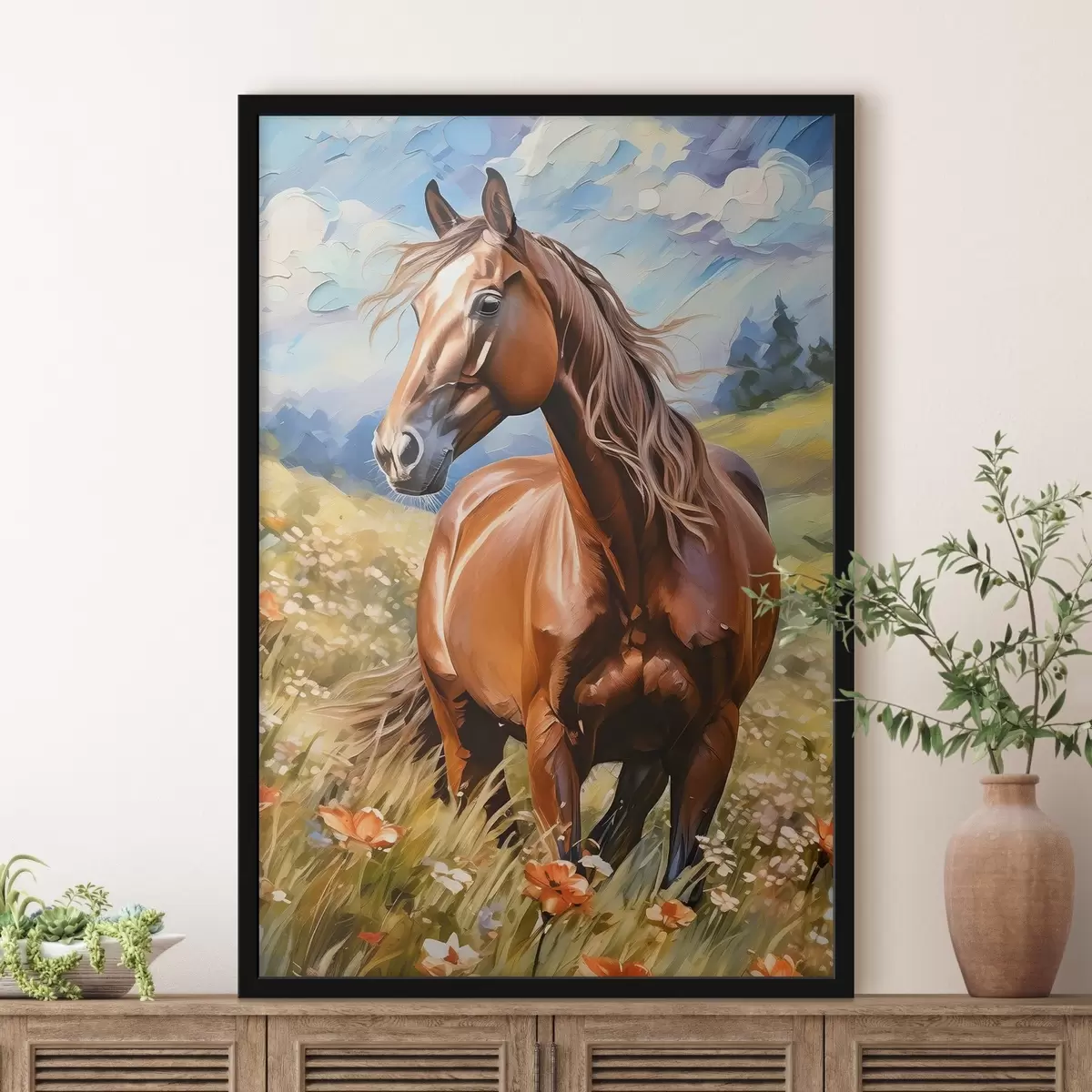 Poster Paard in een bloemenveld f38728