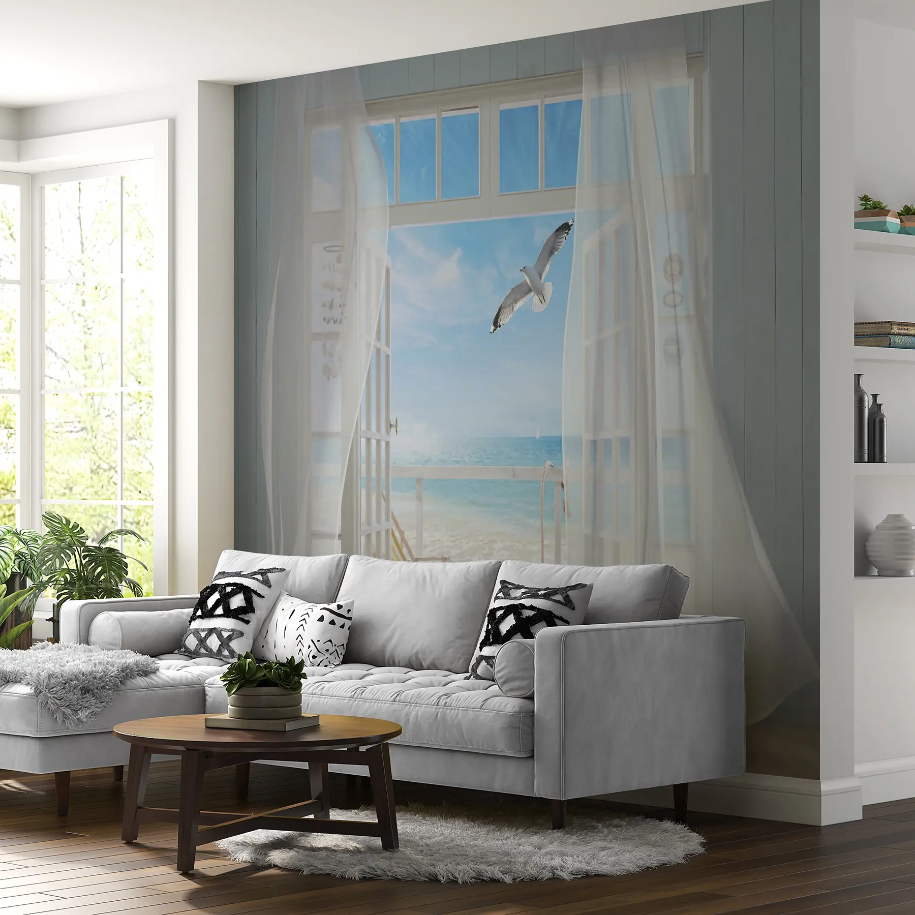 Fotobehang Zee en meeuw in het raam u40534